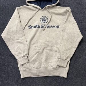 Smith & Wesson Hoodie Mens Small Gray Logo Graphic Fleece Pullover Sweatshirt